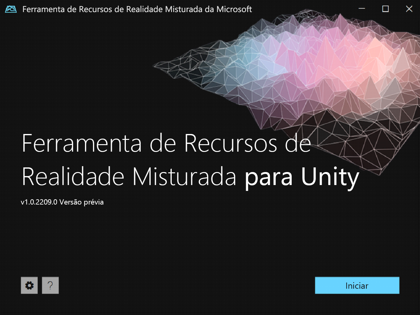 Captura de tela da tela de abertura da Ferramenta de Recursos de Realidade Misturada.
