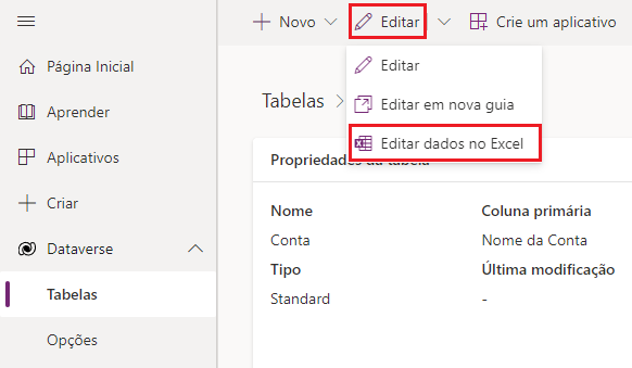 Exibição da barra de comandos mostrando Editar e Editar dados no Excel realçados.