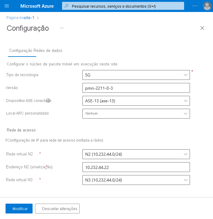 Uma captura de tela que mostra o exemplo de uma tela de configuração do núcleo de pacotes.