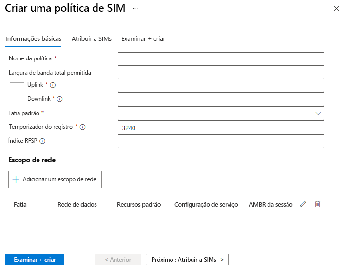 Uma captura de tela mostrando o exemplo de uma tela de criação de política de SIM.