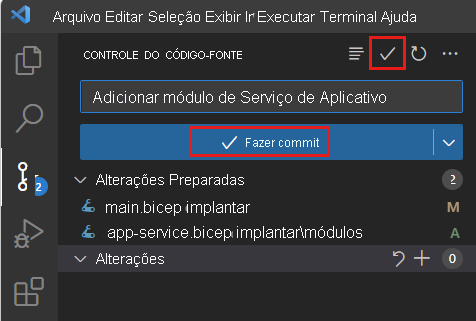 Captura de tela do Visual Studio Code que mostra o Controle do Código-Fonte, com o ícone de commit realçado.