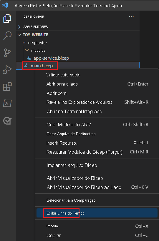 Captura de tela do Visual Studio Code que mostra o painel Explorer, com o menu de atalho exibido para o arquivo main.bicep e o item de menu Linha do Tempo realçado.