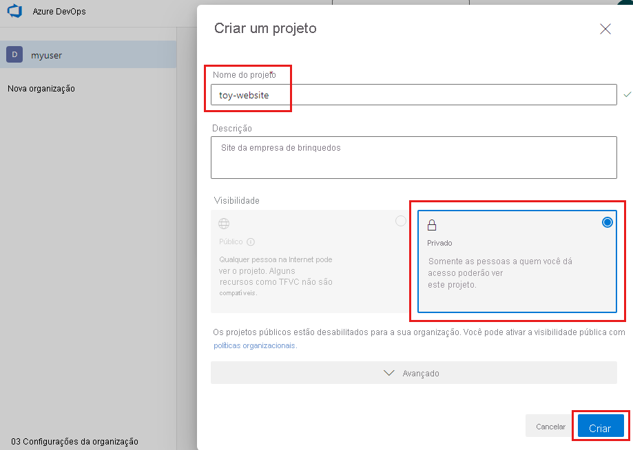 Captura de tela da interface do Azure DevOps que mostra a configuração do projeto que será criado.