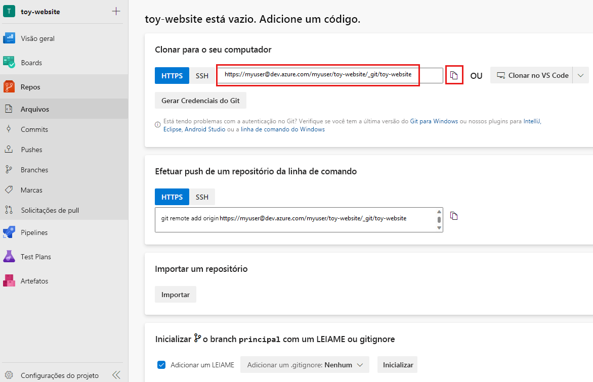 Captura de tela da interface do Azure Repos que mostra os detalhes do repositório, com o URL do repositório realçado.