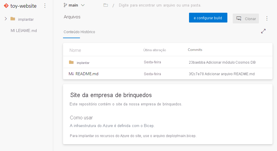 Captura de tela da interface do Azure DevOps que mostra o repositório, incluindo a estrutura de pastas e arquivos.