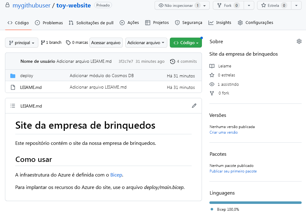 Captura de tela da interface do GitHub que mostra o repositório, incluindo a estrutura de pastas e arquivos.