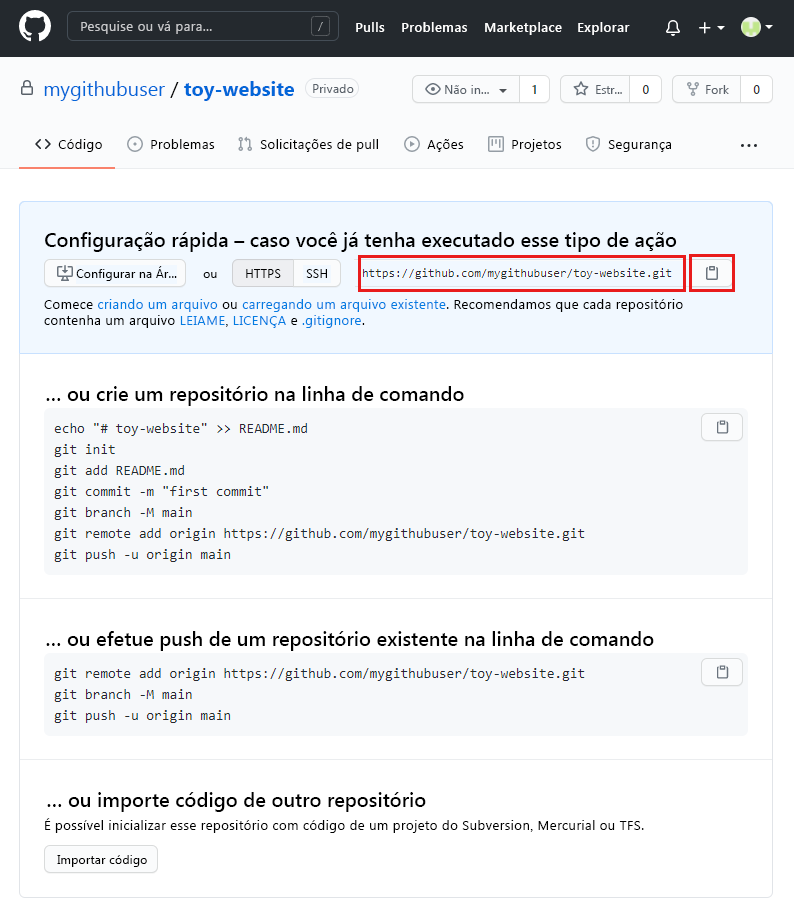 Captura de tela da interface do GitHub que mostra os detalhes do novo repositório, com o URL do repositório realçado.