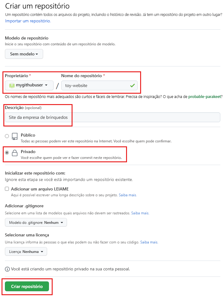 Captura de tela da interface do GitHub que mostra a configuração do repositório que será criado.