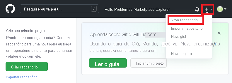 Captura de tela da interface do GitHub que mostra o menu para a criação de um novo repositório.