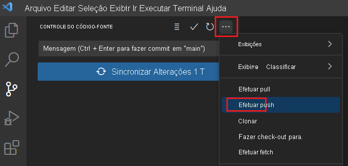 Captura de tela do Visual Studio Code que mostra o menu Controle do Código-Fonte, com o item de menu Push realçado.