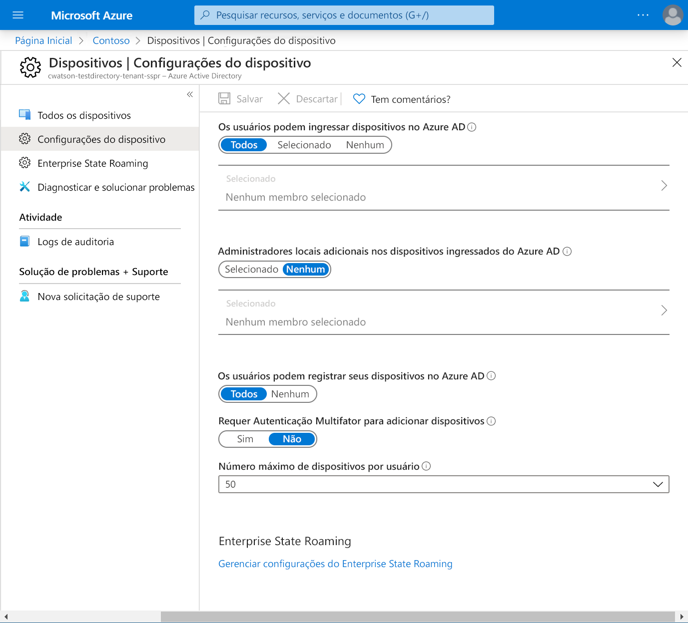 Captura de tela das configurações do dispositivo do Microsoft Entra.