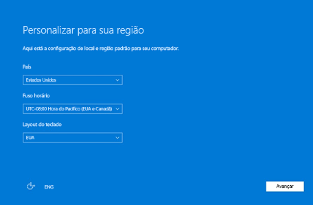 Captura de tela da personalização de região para Windows 10.