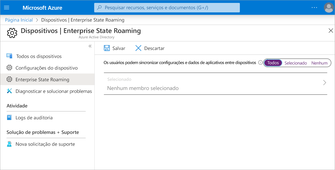 Captura de tela das opções do Enterprise State Roaming no portal do Azure.