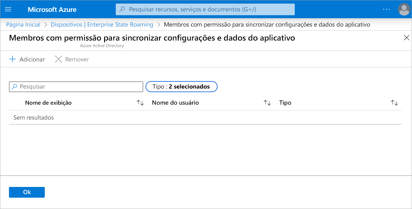 Captura de tela que mostra como você adicionaria membros com permissão para sincronizar configurações e dados de aplicativos.