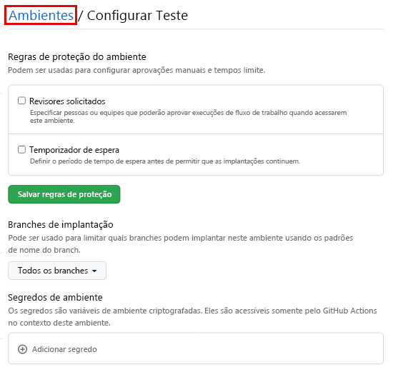 Captura de tela da página de GitHub para um novo ambiente chamado Teste, com o link Ambiente.