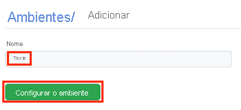 Captura de tela da página de GitHub para um novo ambiente chamado Teste, com o botão Configurar ambiente.