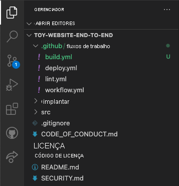 Captura de tela do Visual Studio Code Explorer, com as pastas .github e .workflows e o arquivo .YML de compilação mostrado.