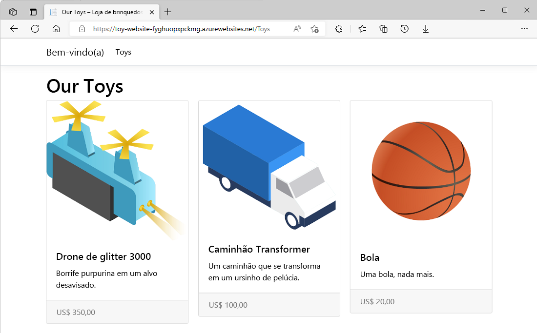 Captura de tela da página Brinquedo do site de teste, com os brinquedos de exemplo exibidos.
