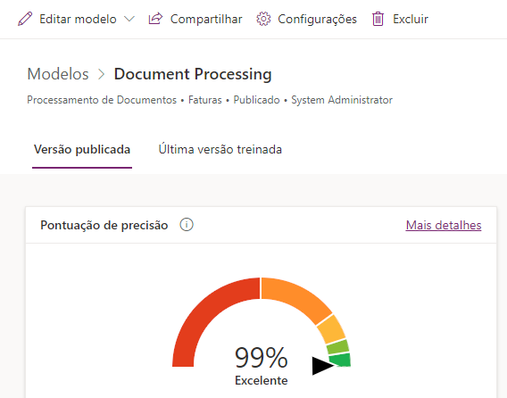 Captura de tela da Detecção de Objetos (versão preliminar) com guias para Versão publicada e Última versão treinada (selecionada).