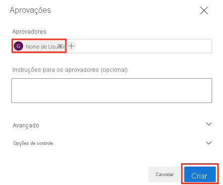 Captura de tela da interface do Azure DevOps que mostra a página para adição de uma verificação de aprovação, com os detalhes preenchidos e o botão Criar.