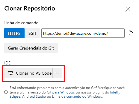 Captura de tela do Azure DevOps que mostra as configurações do repositório e o botão para clonagem Visual Studio Code.