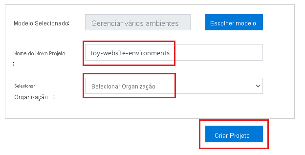 Captura de tela que mostra a criação de um projeto por meio do Gerador de Demonstração do Azure DevOps.