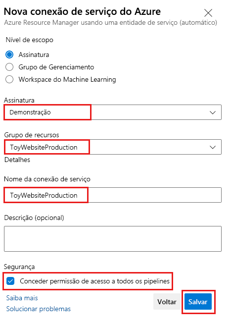 Captura de tela do Azure DevOps que mostra a página para criar uma conexão de serviço para o ambiente de produção, com detalhes concluídos.