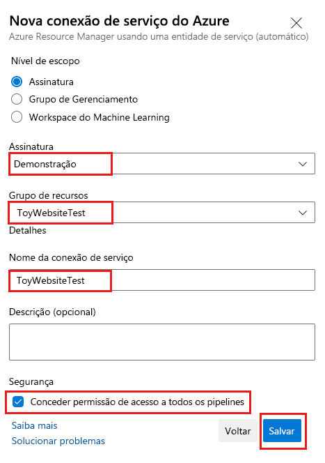 Captura de tela do Azure DevOps que mostra os detalhes completos para criar uma conexão de serviço para o ambiente de teste.