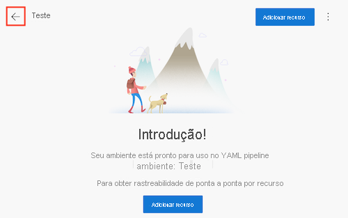 Captura de tela da página do Azure DevOps para um ambiente chamado Teste, incluindo o botão de seta.