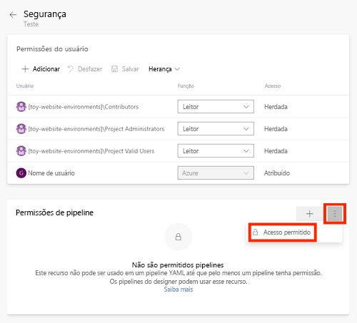 Captura de tela da página Azure DevOps para um ambiente chamado Teste, com o menu Mais Ações exibido e o item Abrir acesso realçado.