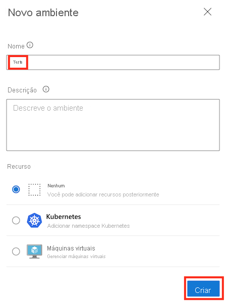 Captura de tela da página Azure DevOps para um novo ambiente chamado Teste, com detalhes concluídos e o botão Criar.