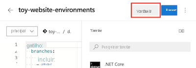 Captura de tela da interface Azure DevOps que mostra o pipeline e o botão Variáveis.