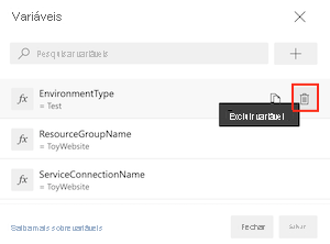 Captura de tela da interface do Azure DevOps que mostra a lista de variáveis e o botão Excluir.