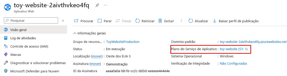 Captura de tela do portal do Azure que mostra o aplicativo Serviço de Aplicativo de produção e os detalhes da SKU do plano do serviço de aplicativo.