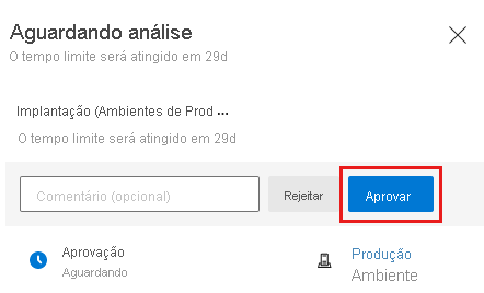 Captura de tela da interface do Azure DevOps que mostra a página da aprovação do pipeline e o botão Aprovar.