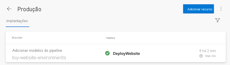 Captura de tela do Azure Pipelines que apresenta o ambiente de produção, com o histórico de implantação mostrando uma única implantação.