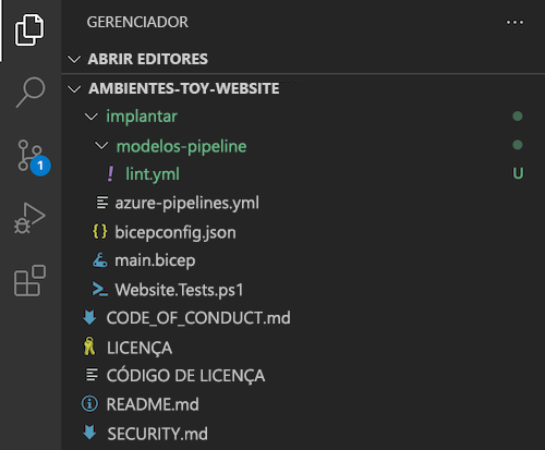 Captura de tela do Explorador do Visual Studio Code, com a pasta pipeline-templates e o arquivo lint ponto Y M L.