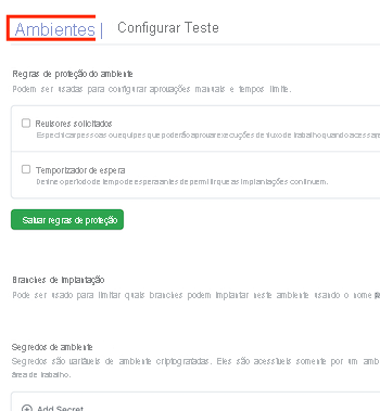 Captura de tela da página de GitHub para um novo ambiente chamado Teste, com o link Ambiente.