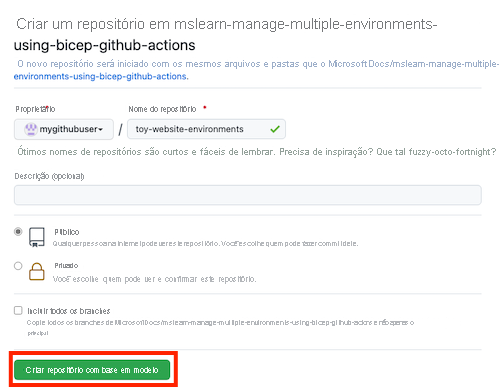 Captura de tela da interface do GitHub mostrando a página de criação do repositório.