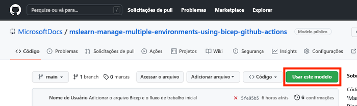 Captura de tela da interface do GitHub mostrando o repositório de modelo, com o botão 'Usar este modelo' realçado.