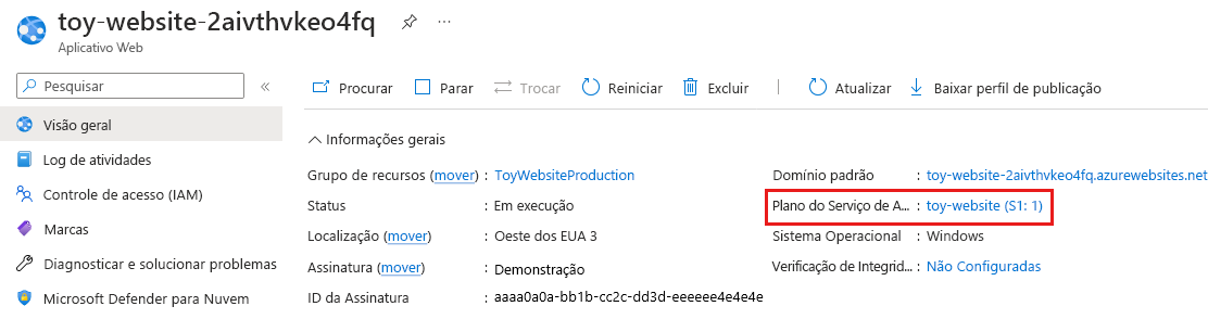 Captura de tela do portal do Azure que mostra o aplicativo de produção do site de brinquedos dos Serviços de Aplicativo e os detalhes do SKU do plano do Serviço de Aplicativo.