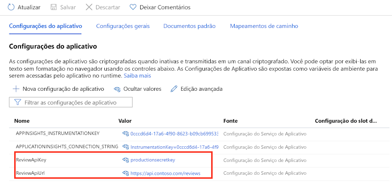 Captura de tela da portal do Azure que mostra as configurações de aplicativo do Serviço de Aplicativo e as definições de configuração.