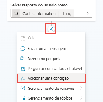 Captura de tela da opção Adicionar condição expandida para mostrar as opções Ramificação baseada em uma condição e Ramificação para todas as outras condições.