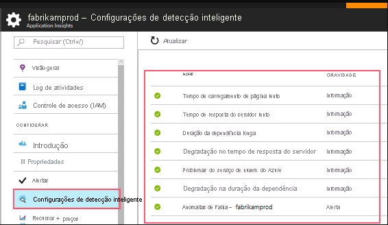 Captura de tela mostrando as configurações de detecção inteligente. Essas configurações incluem detecção de tempos de carregamento de página lentos, tempos de resposta do servidor lentos e muito mais.