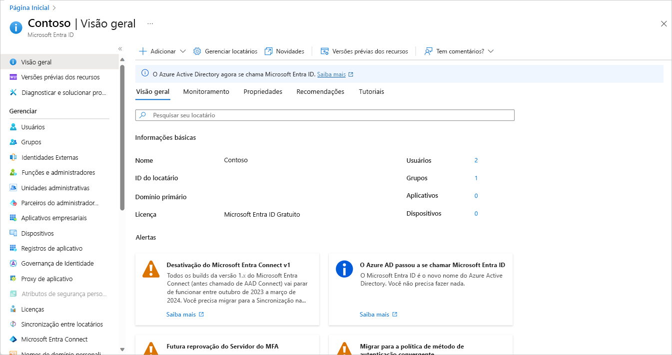 Captura de tela do painel do Microsoft Entra.