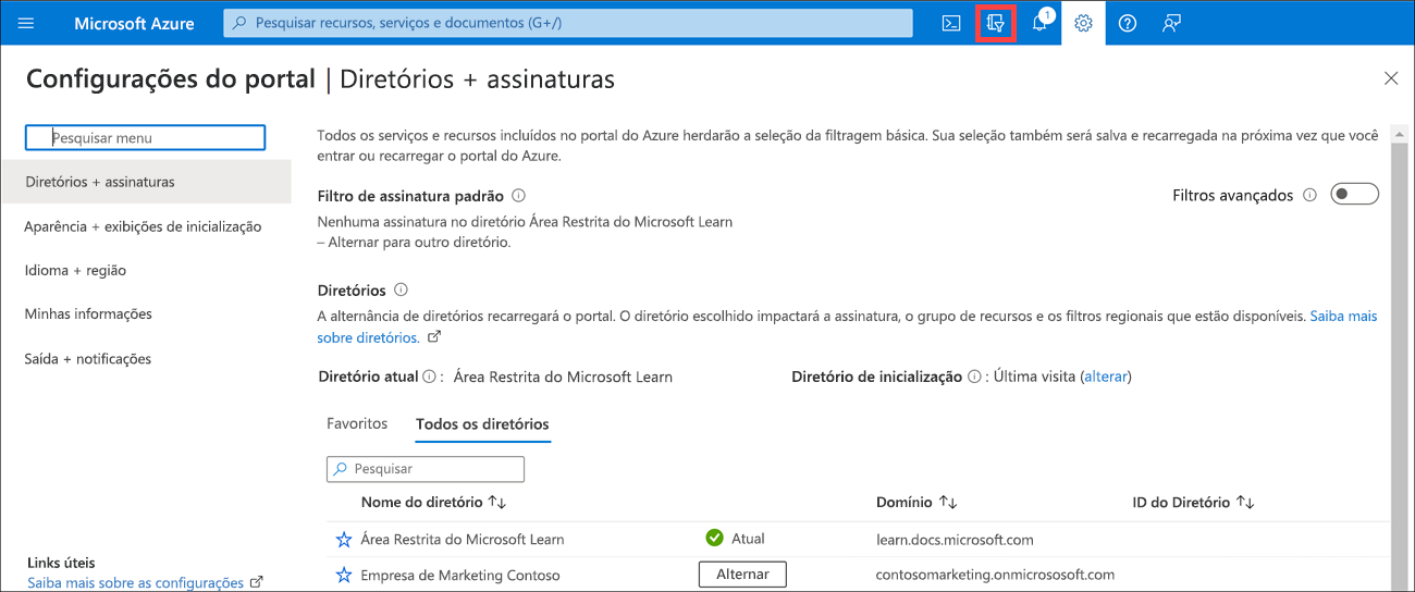 Captura de tela mostrando a caixa de diálogo de seleção de diretório no portal do Azure.