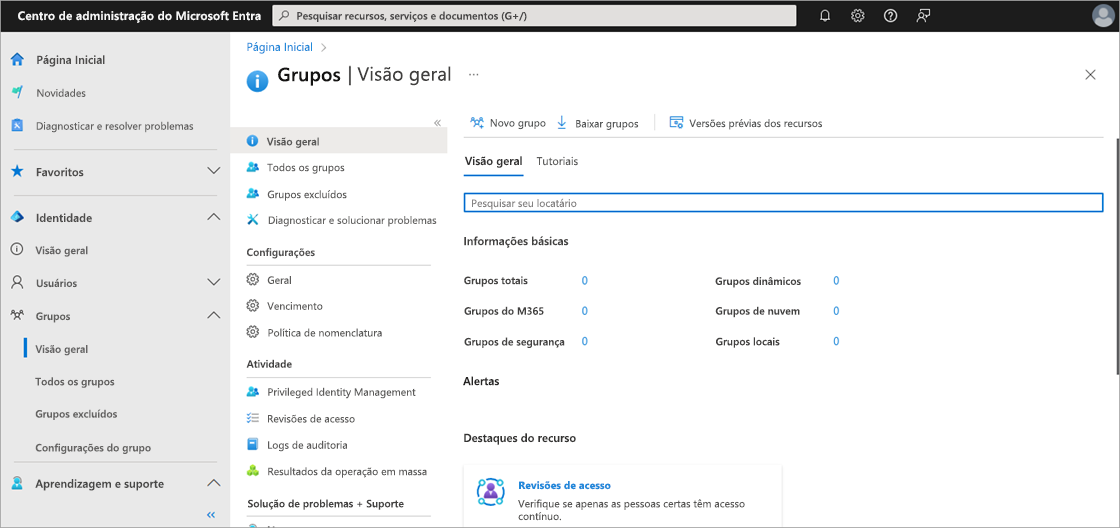 Captura de tela do painel Visão Geral dos Grupos no Centro de administração do Microsoft Entra.