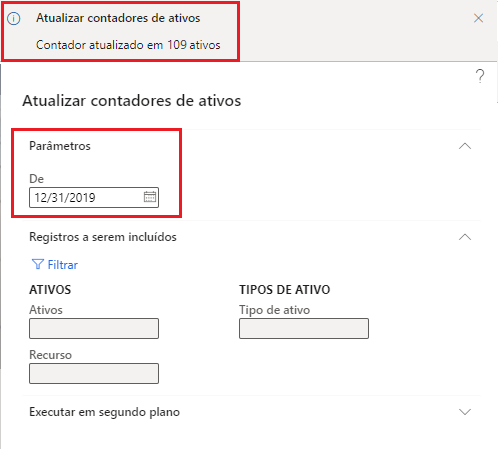 Captura de tela da página Atualizar contadores de ativos com parâmetros realçados.