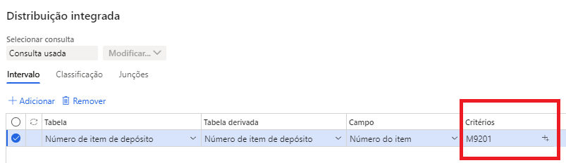 Captura de tela da página de distribuição integrada com critérios realçados.