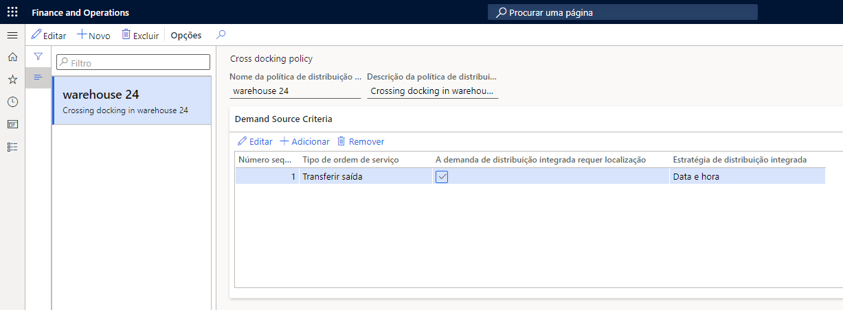 Captura de tela do campo Política de distribuição integrada do Warehouse Management.